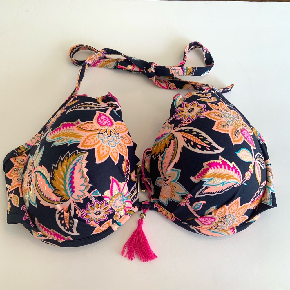 Shade & Shore Navy Coral Printed Bikini Top 36DD Tassel